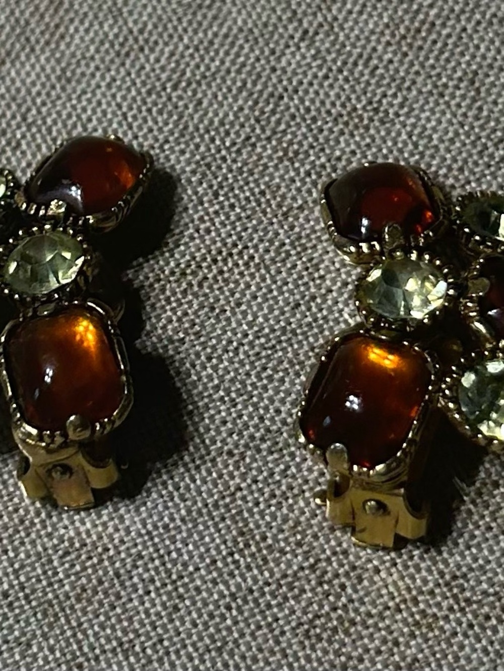 Vintage Gold-Tone Amber Cabochon and Crystal Clip Earrings